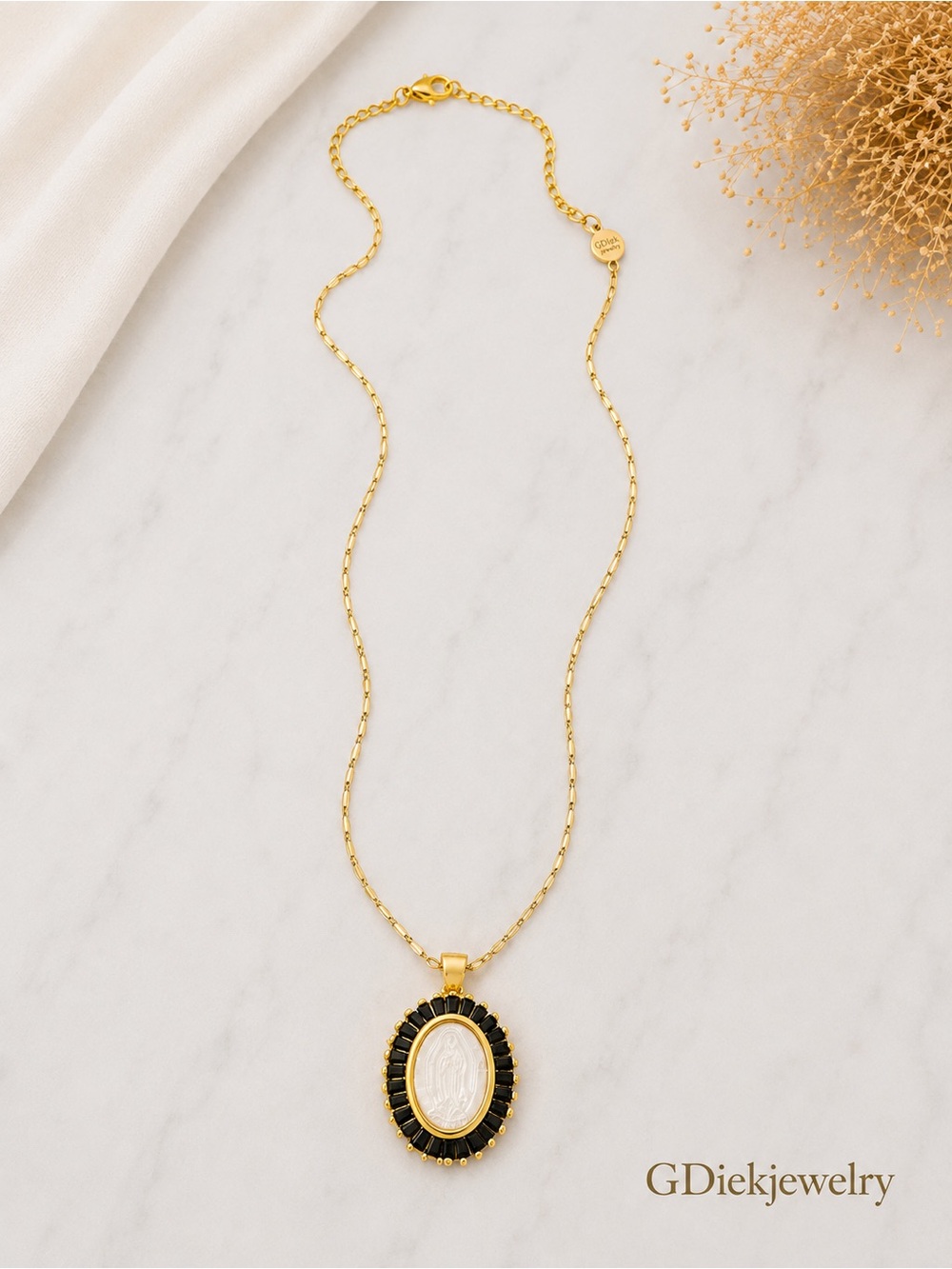 Goldfilled Necklace,Black Crystals and White mother Pearl Oval Virgin pendant